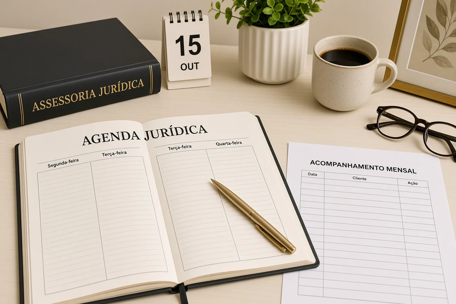 Agenda jurídica, acompanhamento mensal e livro de assessoria sobre mesa clara.