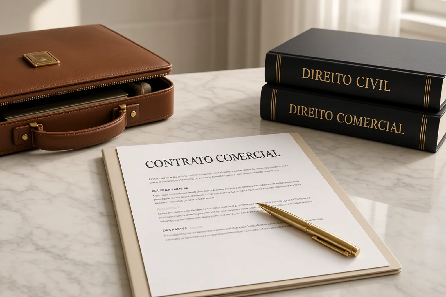 Maleta, livros de Direito Civil e Comercial e contrato comercial sobre mesa clara.