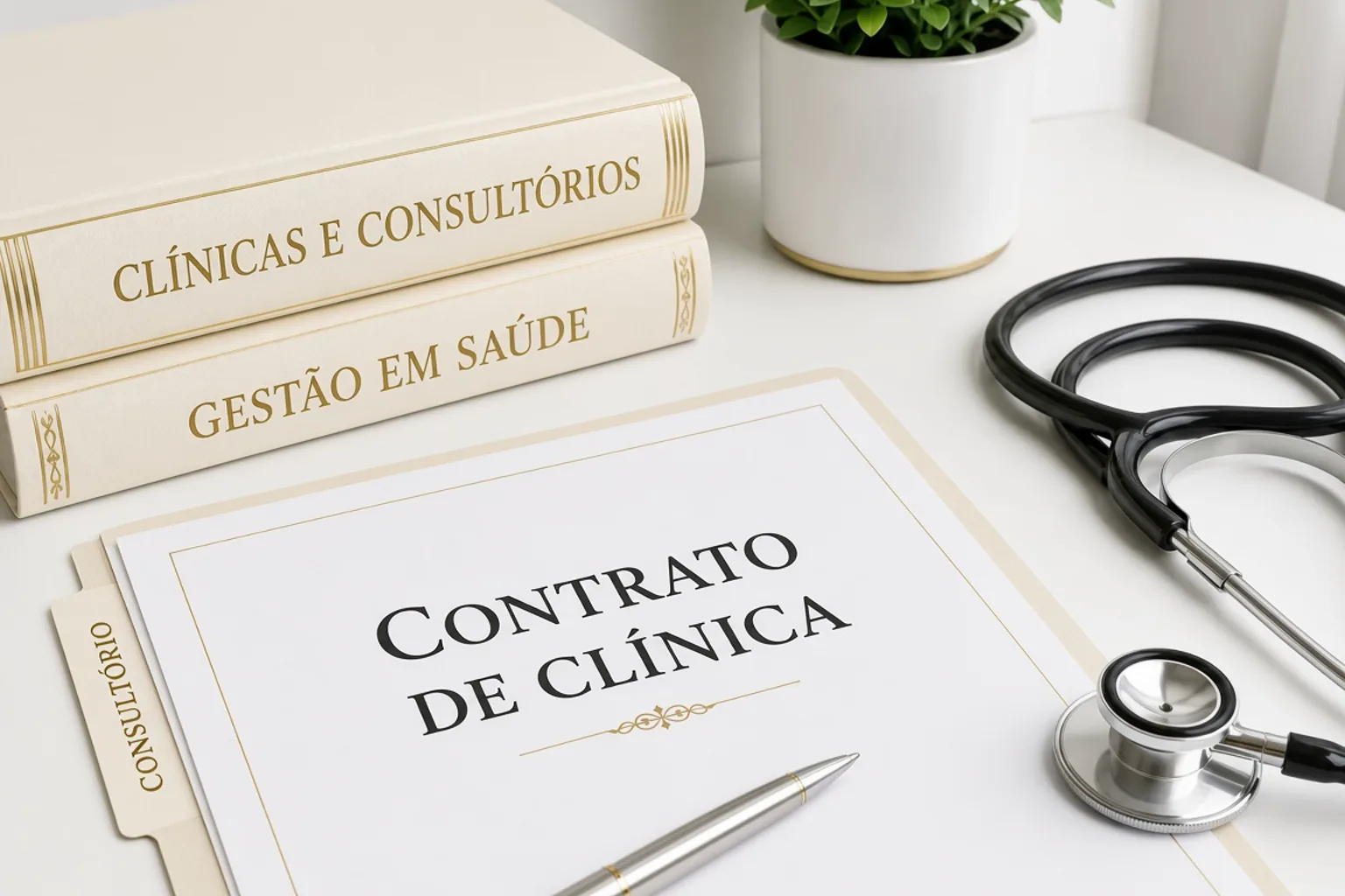 Livros de clínicas e consultórios, contrato de clínica e estetoscópio sobre mesa clara.