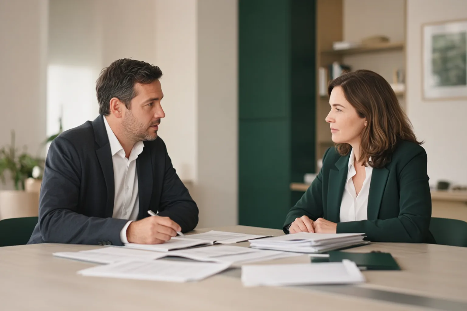 Homem e mulher, sócios de empresa, em conversa de trabalho à mesa de reunião, com documentos e luz natural.