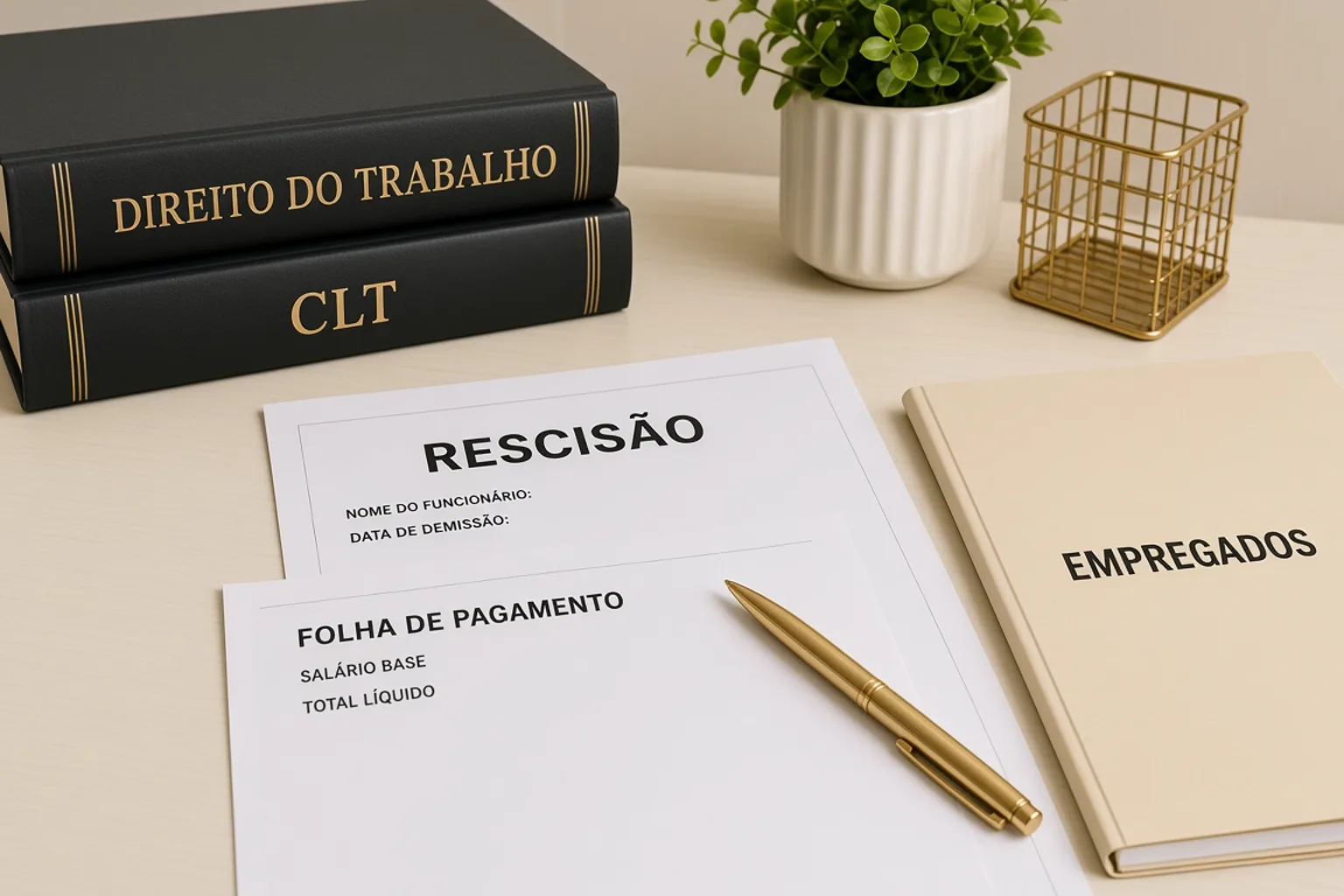Livros de Direito do Trabalho e CLT, rescisão e folha de pagamento sobre mesa clara.
