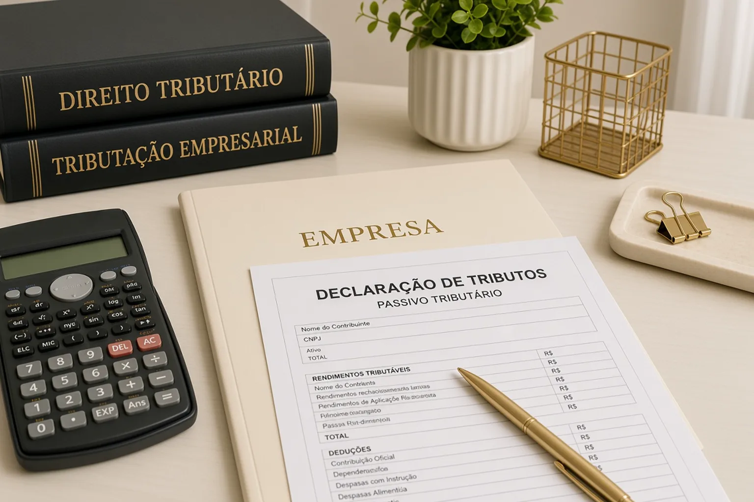 Livros de Direito Tributário, pasta Empresa e declaração de tributos sobre mesa clara.